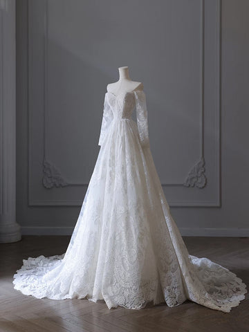 A line Off The Shoulder White Lace Long Wedding Dresses Brides Dress SD1660 HZ0628